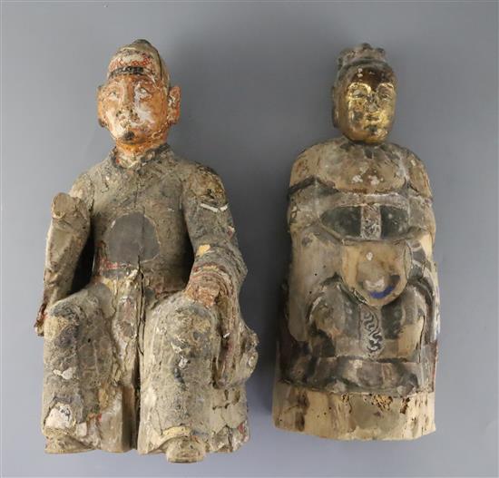 Two Chinese polychrome and gilt lacquered wood figures of immortals, 17th - 18th century, H.37.5cm, losses to decoration and splits